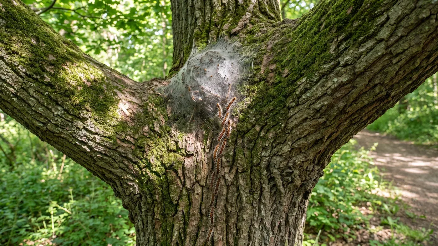 Eichenprozessionsspinner-Raupen in einer Prozession auf einer Eichenrinde, daneben ein weißliches Gespinstnest