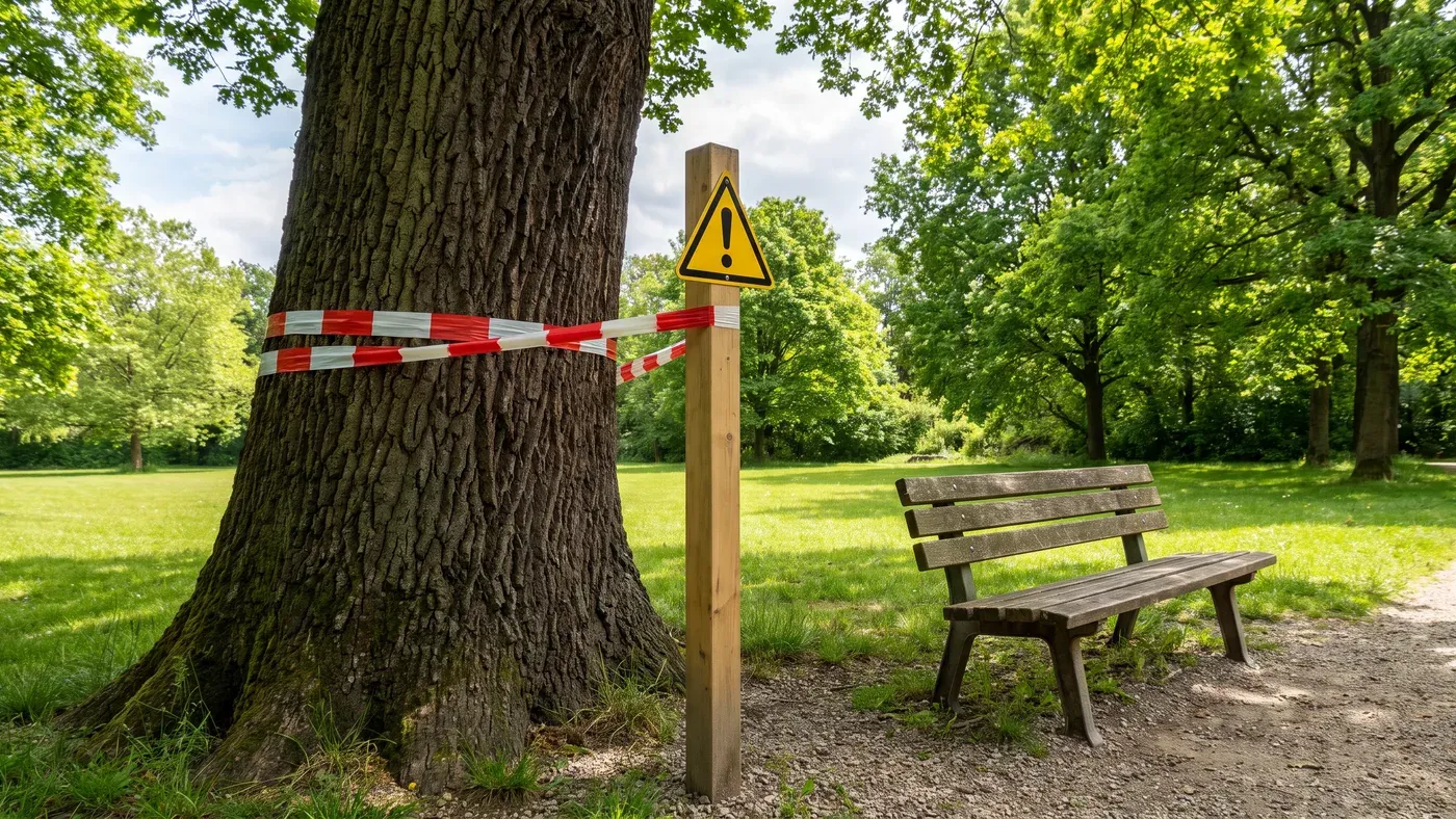 Warnschild an einer Eiche in einem Park, das vor Eichenprozessionsspinnern und ihren Brennhaaren warnt