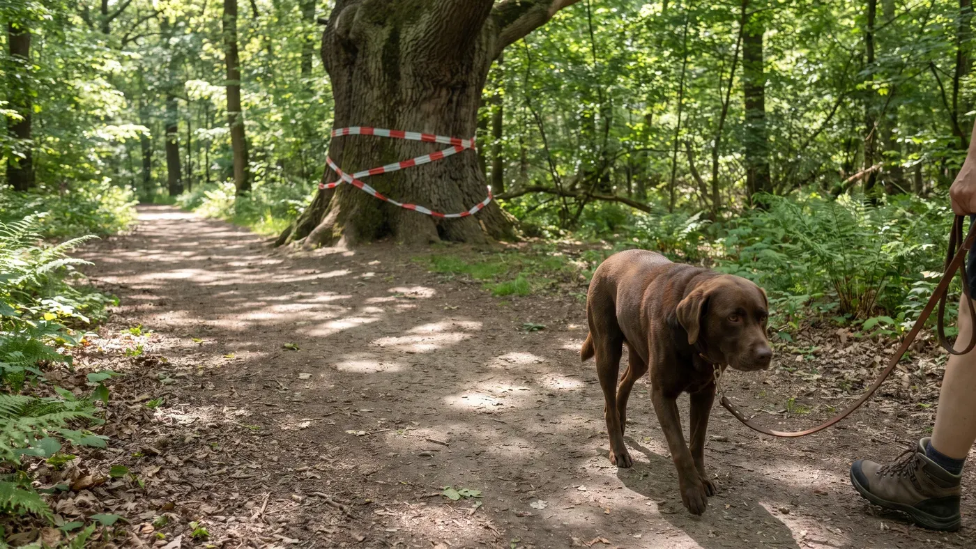 Hund an der Leine auf einem Waldweg, im Hintergrund eine abgesperrte Eiche mit Warnhinweis