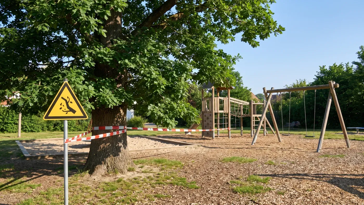 Mit Flatterband abgesperrte Eiche an einem Spielplatz, daran ein Warnhinweis der Stadt