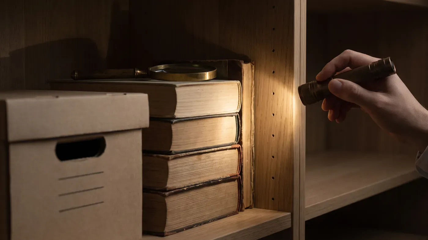 Kontrolle alter Bücher und Archivkartons mit Taschenlampe und Lupe auf Papierfischchen