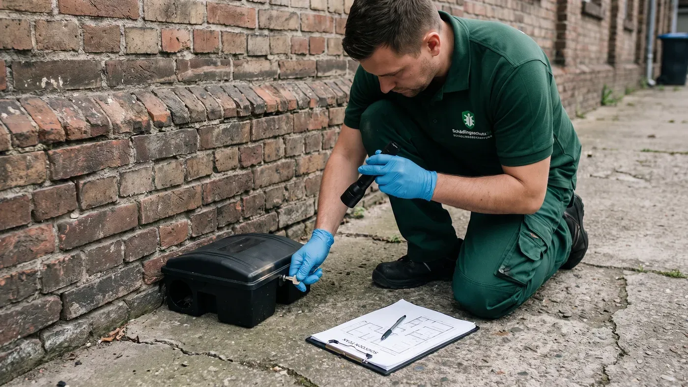 Fachmann öffnet mit Schlüssel eine verschlossene Köderstation an einer Gebäudewand
