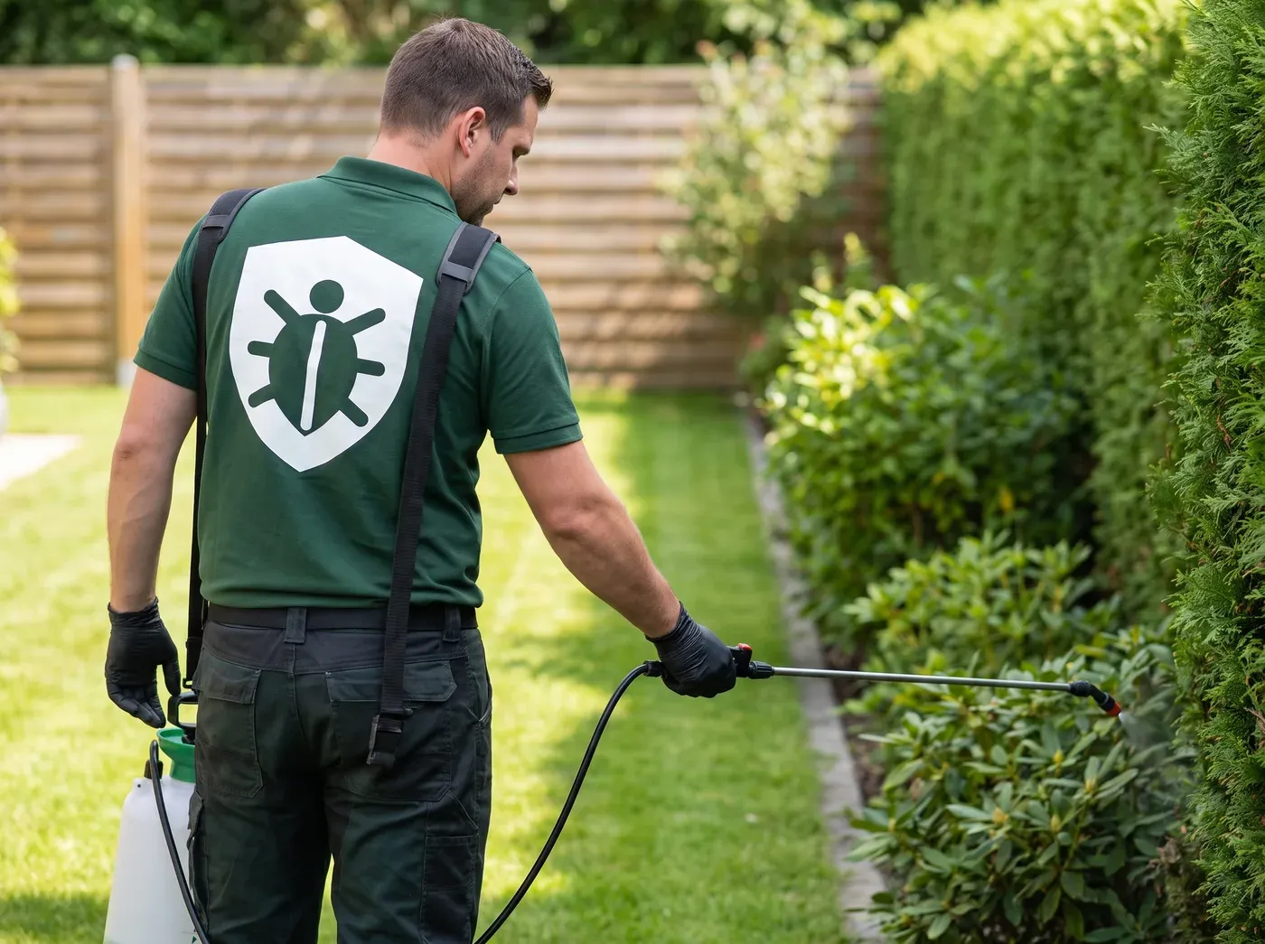 Schädlingsbekämpfer behandelt den Übergang von Rasen zu Hecke mit einer Drucksprühe gegen Zecken